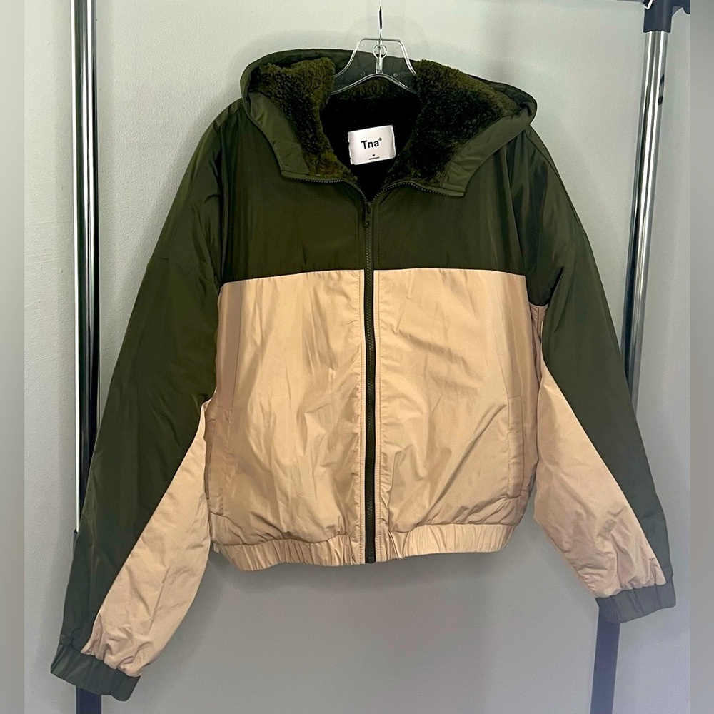 TNA Green and Beige bomber jacket with sherpa lining and zipper.